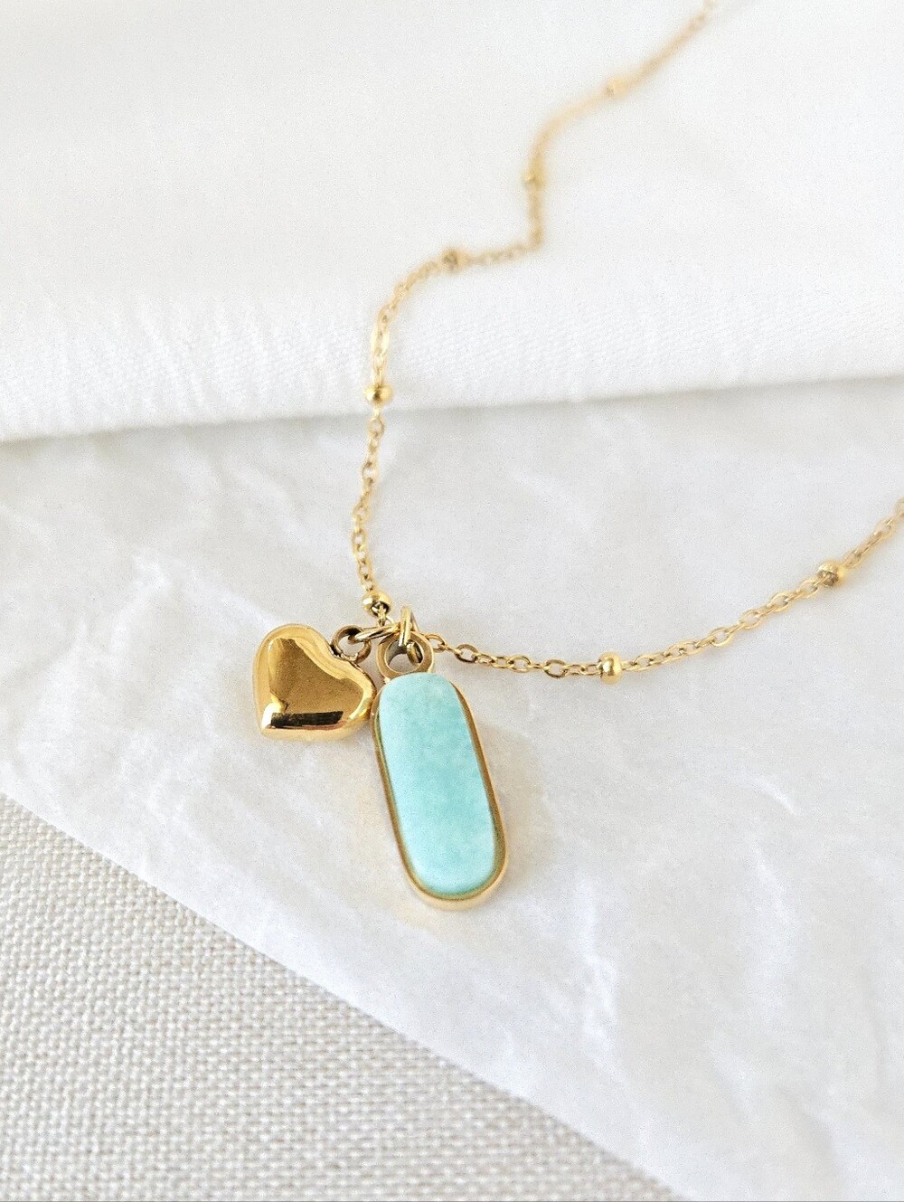 Gold Petite Heart & Amazonite Stone Necklace